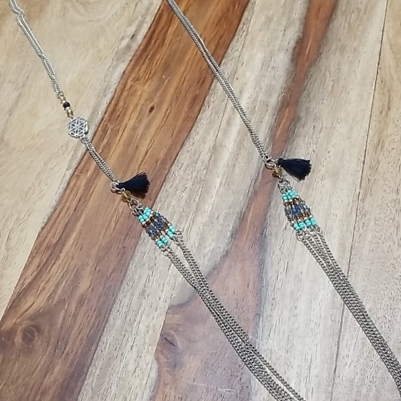 Long Silver & Blue Beaded Chain Necklace Tassel - Picture 4 of 6